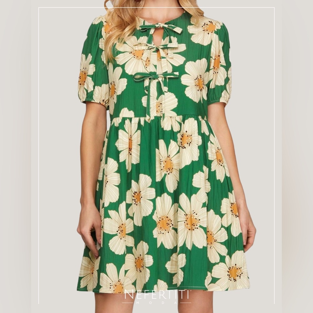 NWT SHE + SKY Green Floral Bow Front Babydoll Mini Dress - Small